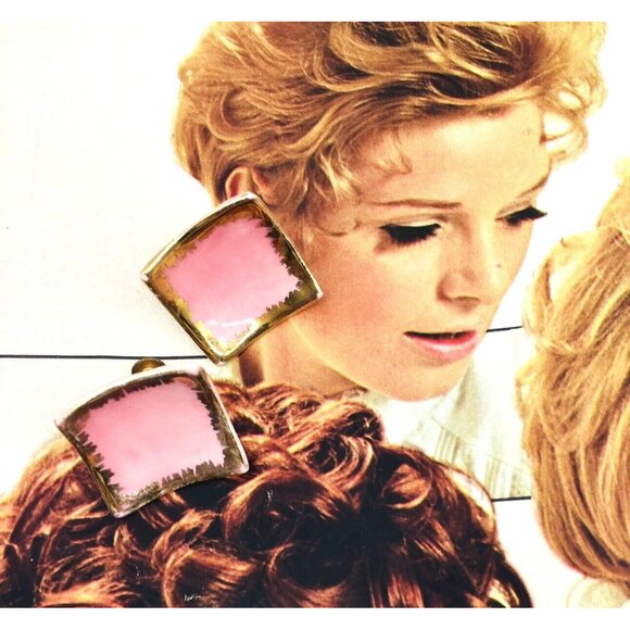 Mid Century Modern Retro Pink Gold Vintage Porcelain Screw Back Earrings Mod - Picture 4 of 7